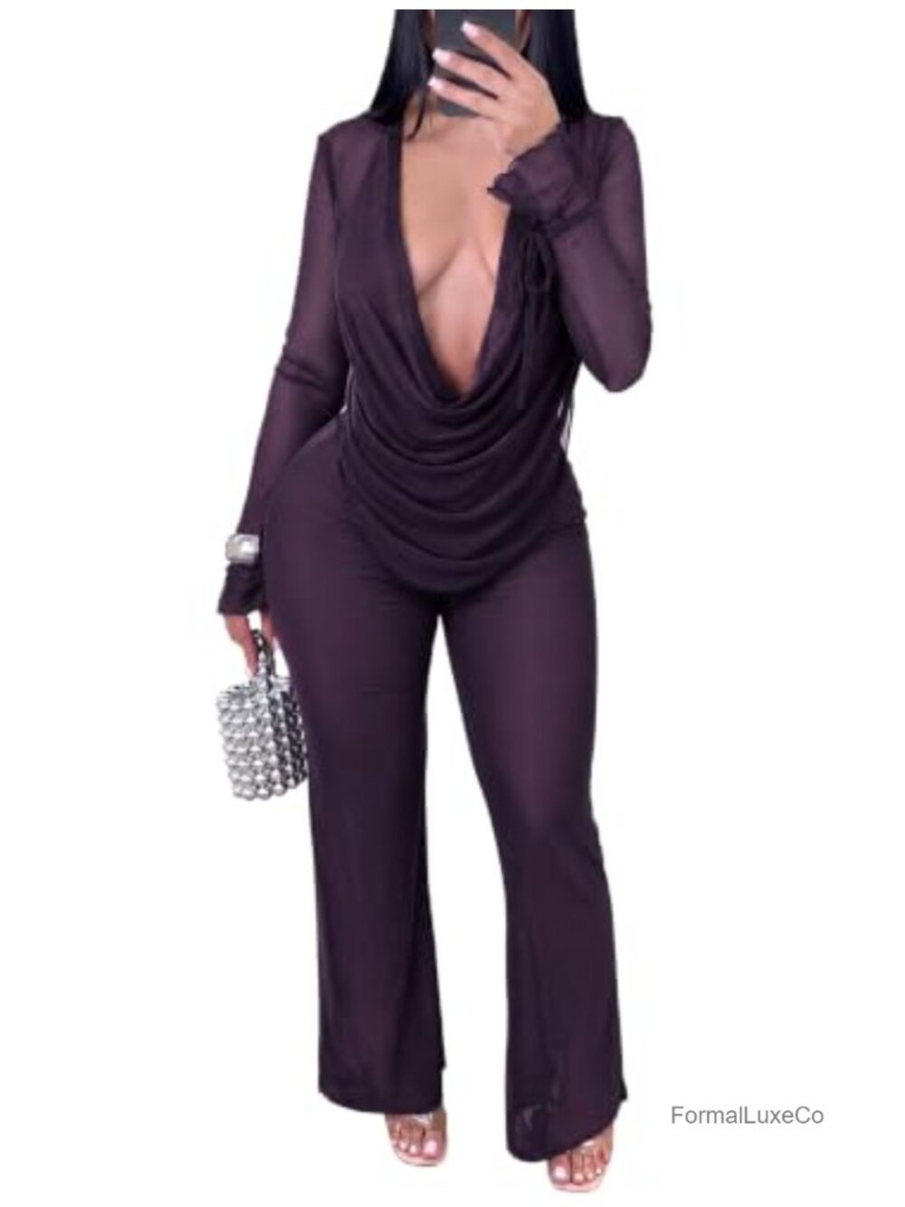 Women 2 Piece Set Cowl Neck Top Wide Leg Pants Clubwear Mesh Outfit